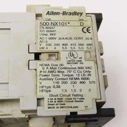 Allen Bradley 505-T0D-A1F Size 00 Reversing Starter 600VAC 110/120V Coil