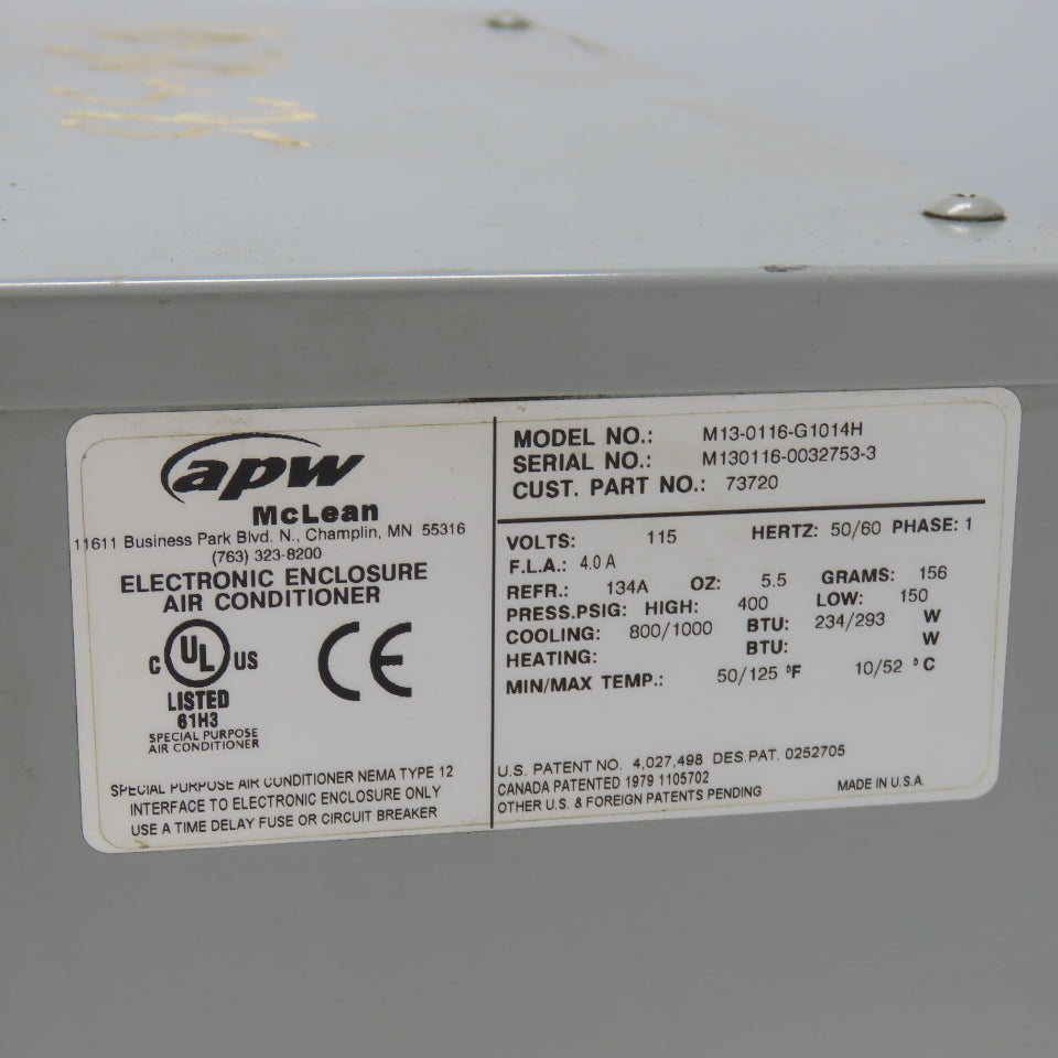 APW Mclean M13-0116-G1014H Electrical Enclosure Air Conditioner 115V 800/1000BTU