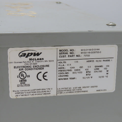 APW Mclean M13-0116-G1014H Electrical Enclosure Air Conditioner 115V 800/1000BTU