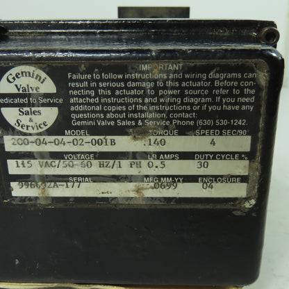 Gemini 200-04-04-02-001B 115VAC Valve Actuator 4 Speed/90Sec Torque 140