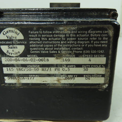 Gemini 200-04-04-02-001B 115VAC Valve Actuator 4 Speed/90Sec Torque 140