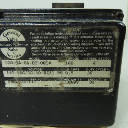 Gemini 200-04-04-02-001B 115VAC Valve Actuator 4 Speed/90Sec Torque 140