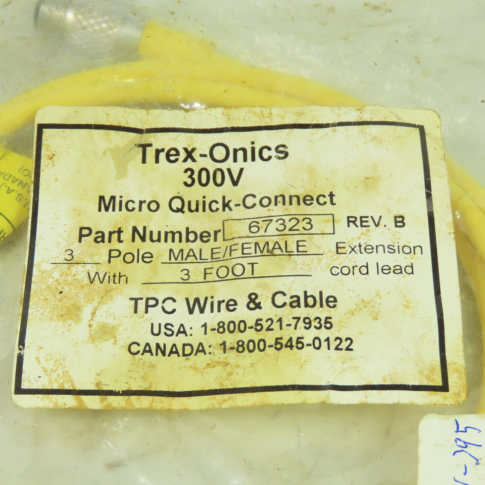 TPC Wire 67323 Rev B Trex-Onics 300V Micro Cordset Cable 3-pin Male/Female