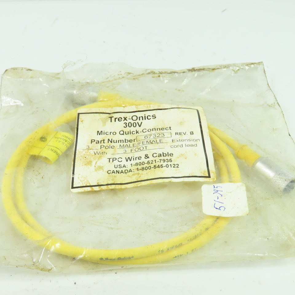 TPC Wire 67323 Rev B Trex-Onics 300V Micro Cordset Cable 3-pin Male/Female