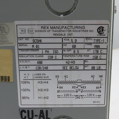Rex SC5HK 5kVA Single Phase Transformer Pri 480 Sec 120/240V 60HZ Type 1 Enc.