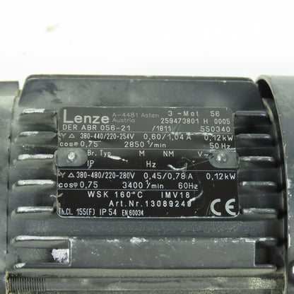 Lenze DERABR056-21 0.12kW AC Electric Motor 3400RPM 220/480V 3PH W/ 24VDC Brake