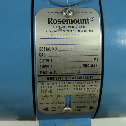 Rosemount 1151GP6E22B2 Pressure Transmitter 0-100 PSIG 45VDC Max 4-20Ma
