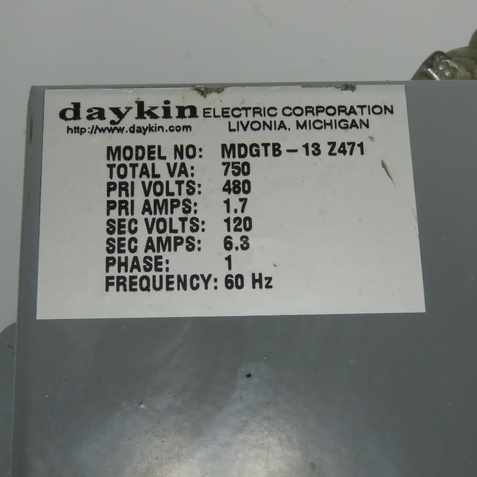 Daykin MDGTB-13 Disconnect Transformer Pri 480V Sec 120V 6.3A Total VA 750 1PH