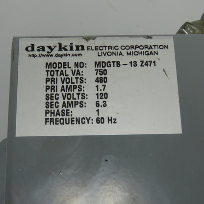 Daykin MDGTB-13 Disconnect Transformer Pri 480V Sec 120V 6.3A Total VA 750 1PH
