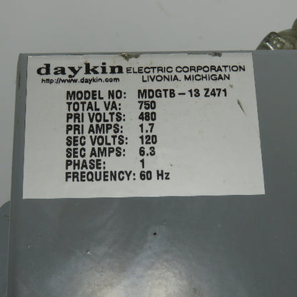 Daykin MDGTB-13 Disconnect Transformer Pri 480V Sec 120V 6.3A Total VA 750 1PH