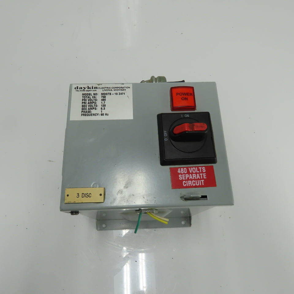 Daykin MDGTB-13 Disconnect Transformer Pri 480V Sec 120V 6.3A Total VA 750 1PH