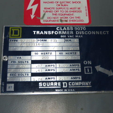 Square D SK5271R Disconnect Transformer Pri 230/460V Sec 115V 250VA 600VAC