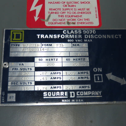 Square D SK5271R Disconnect Transformer Pri 230/460V Sec 115V 250VA 600VAC