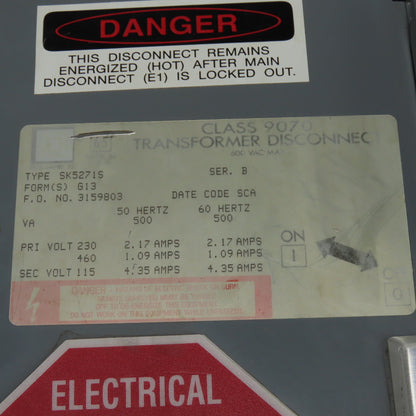 Square D SK5271S Class 9070 Disconnect Transformer Pri 230/460V Sec 115V 500VA