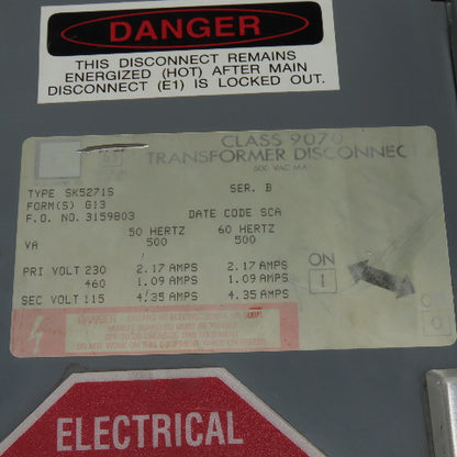 Square D SK5271S Class 9070 Disconnect Transformer Pri 230/460V Sec 115V 500VA