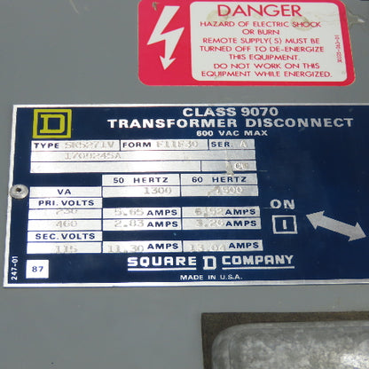 Square D SK5271V Class 9070 Disconnect Transformer Pri 230/460V Sec 115V 1500VA