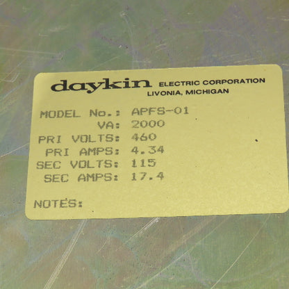 Daykin APFS-01 Enclosed Disconnect Transformer Pri 460V Sec 115V 2000VA