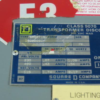 Square D SK5271N Class 9070 Transformer Disconnect Combo Pri 230/460 Sec 115V