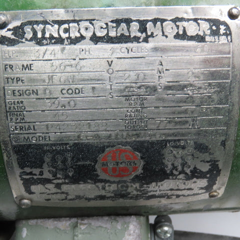 US Motors 39:1 Ratio 3/4Hp Right Angle Gear Motor W/ Brake 230V 45RPM Output