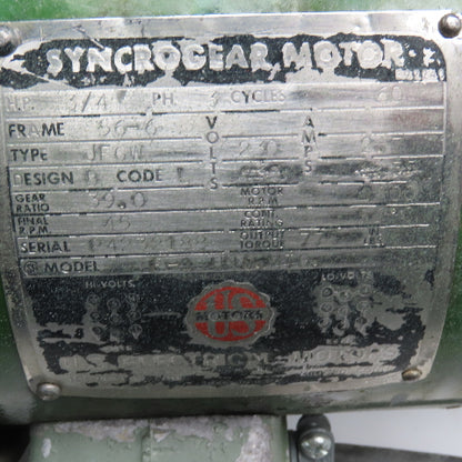US Motors 39:1 Ratio 3/4Hp Right Angle Gear Motor W/ Brake 230V 45RPM Output