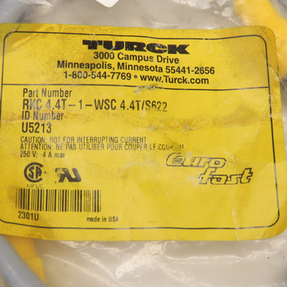 Turck RKC 4.4T-1-WSC 4.4T/S622 Euro Fast 4 Pin Cordset M12 Straight Angle 3'