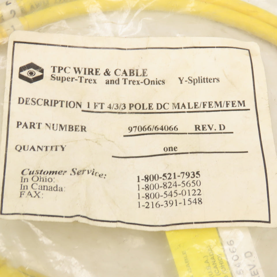TPC Wire & Cable 97066/64066 4/3/3 Pole DC Male/Female/Female Y Splitter Cordset