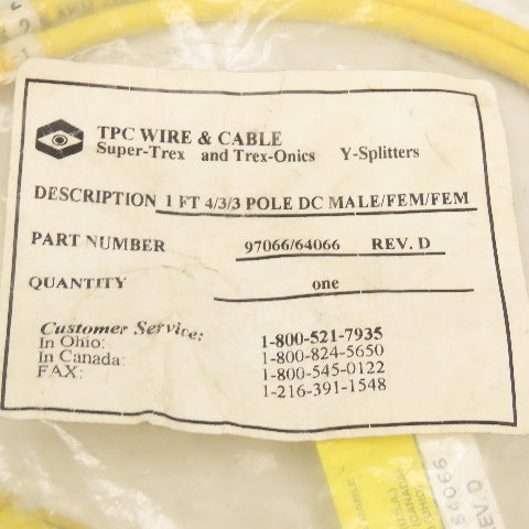 TPC Wire & Cable 97066/64066 4/3/3 Pole DC Male/Female/Female Y Splitter Cordset