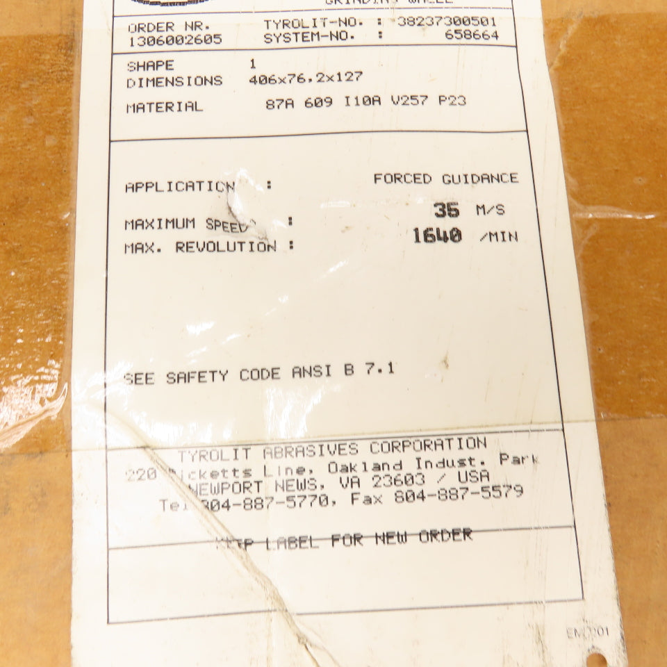 Tyroilt 87A 609 I 10A V257 P23 Straight Grinding Wheel 406 x 76.2 x 127mm