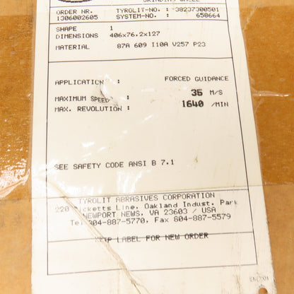 Tyroilt 87A 609 I 10A V257 P23 Straight Grinding Wheel 406 x 76.2 x 127mm