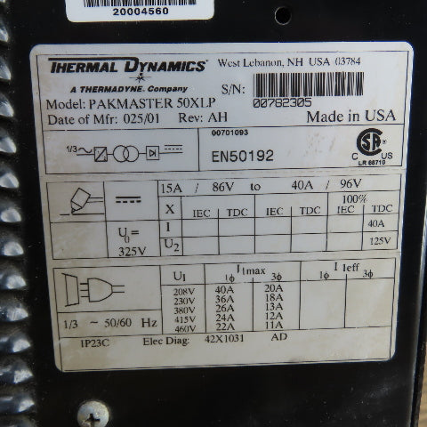 Thermal Dynamics Pakmaster 50XLP Plasma Cutter 208-230/460V 1/3PH (Missing Parts