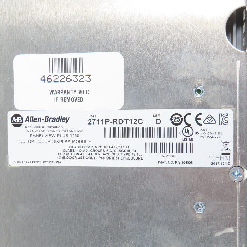 Allen Bradley 2711P-RDT12C Ser D PanelView Plus 1250 Color Touch Display (Clean)