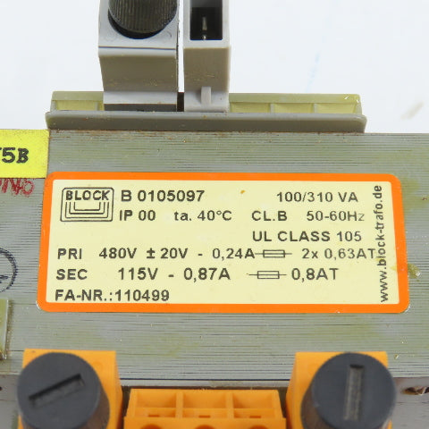 Block 110499 B 0105097 100/310VA Control Transformer Pri 480V Sec 115V 0.87A