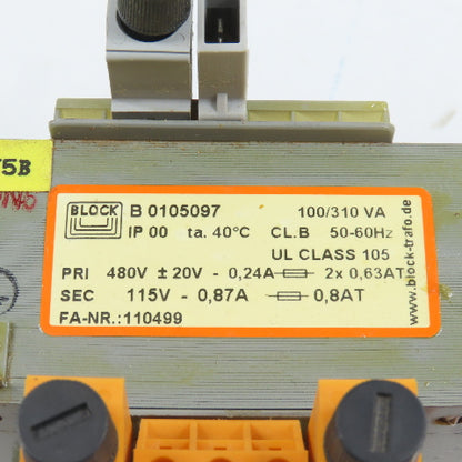 Block 110499 B 0105097 100/310VA Control Transformer Pri 480V Sec 115V 0.87A