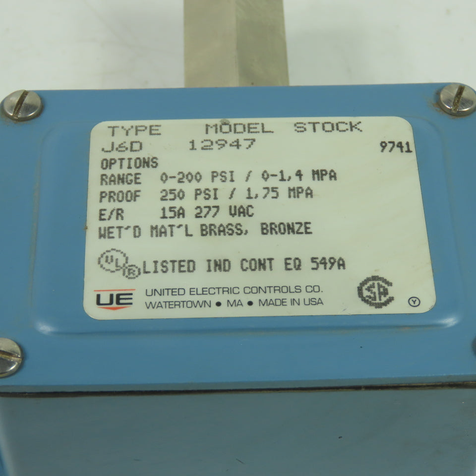 United Electric Controls J6D 12947 Pressure Switch 0-200PSI 15A 277VAC