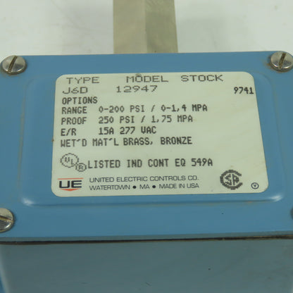United Electric Controls J6D 12947 Pressure Switch 0-200PSI 15A 277VAC