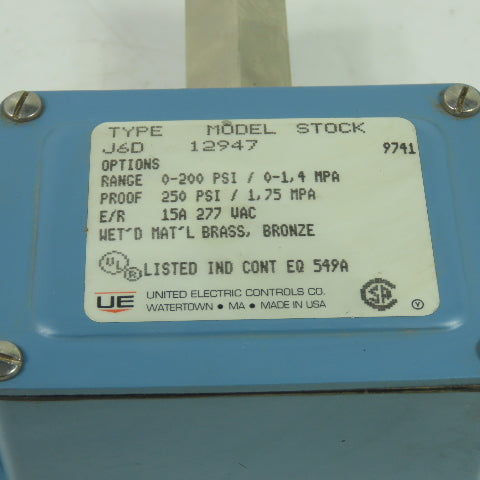United Electric Controls J6D 12947 Pressure Switch 0-200PSI 15A 277VAC