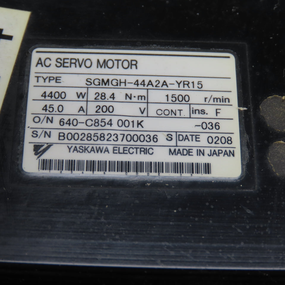 Yaskawa SGMGH-44A2A-YR15 4400W AC Servo Motor 1500RPM 200V 45.0A W/ Encoder
