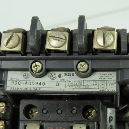 Allen Bradley 500-A0D940 Ser B Size 0 Contactor 600VAC 18A 1-5HP 120V Coil