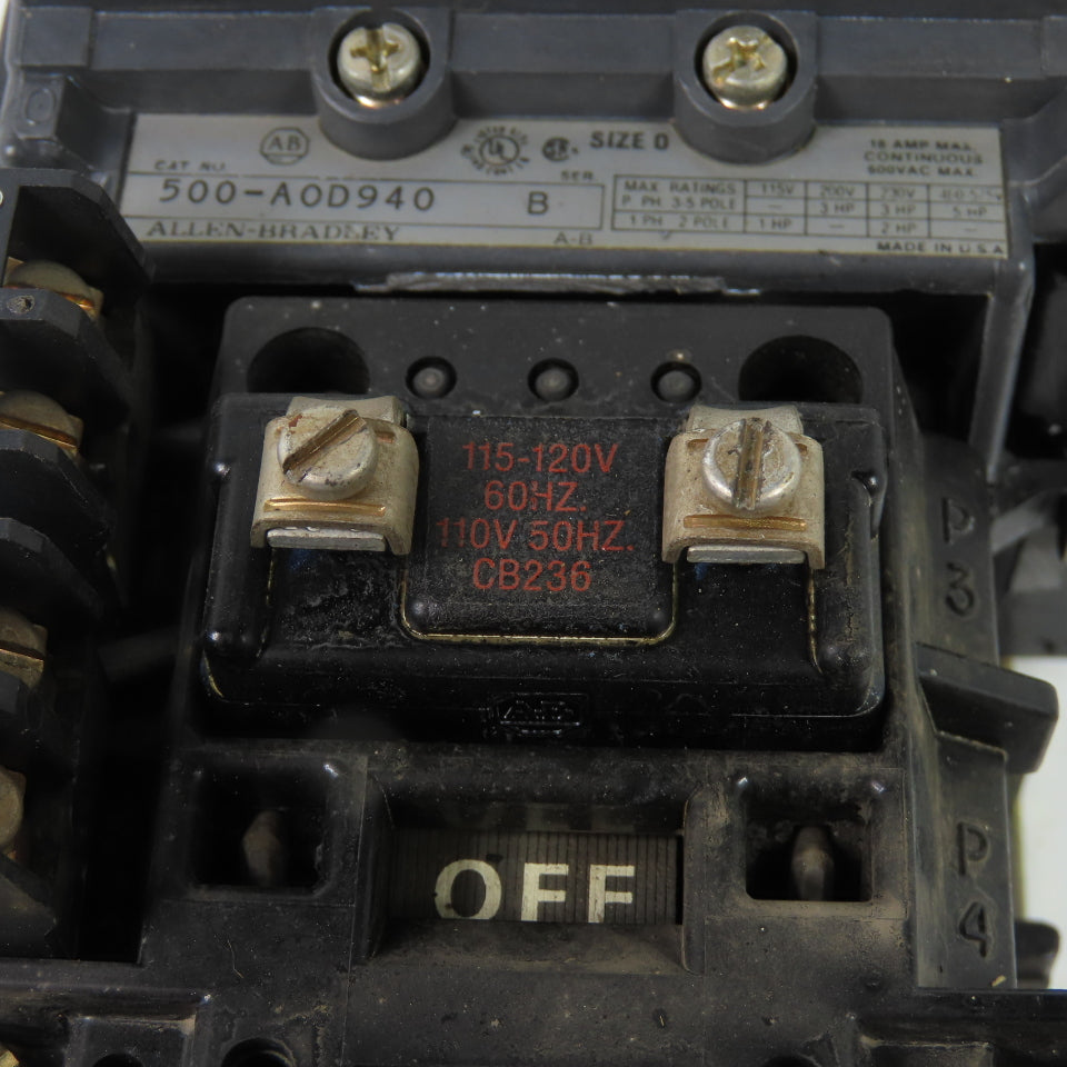 Allen Bradley 500-A0D940 Ser B Size 0 Contactor 600VAC 18A 1-5HP 120V Coil
