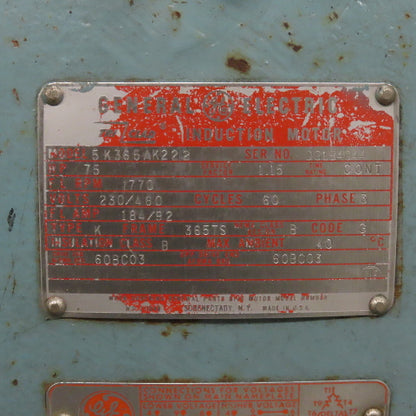 General Electric 5K365AK222 75HP AC Electric Motor 1770RPM 230/460V 3PH 365TS