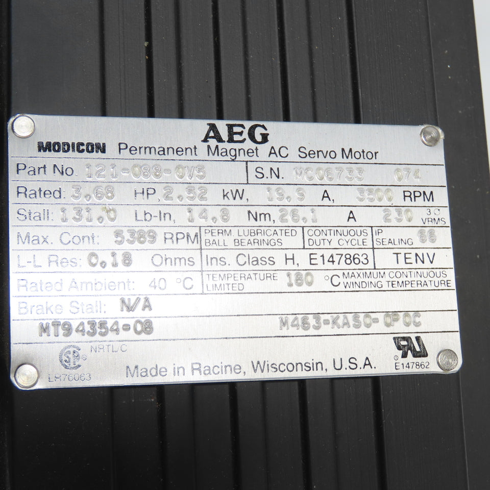 AEG Modicon 121-088-0V5 Permanent Magnet AC Servo Motor 2.25HP 3500RPM 19.9KW
