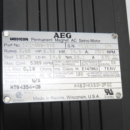 AEG Modicon 121-088-0V5 Permanent Magnet AC Servo Motor 2.25HP 3500RPM 19.9KW