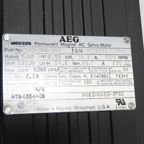 AEG Modicon 121-088-0V5 Permanent Magnet AC Servo Motor 2.25HP 3500RPM 19.9KW