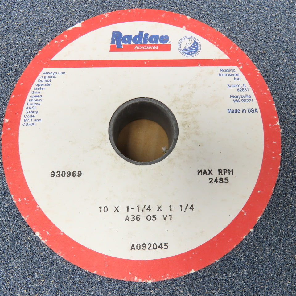 Radiac Abrasives 930969 10 x 1-1/4 x 1-1/4 A36 05 V1 Grinding Wheel 2485RPM Max
