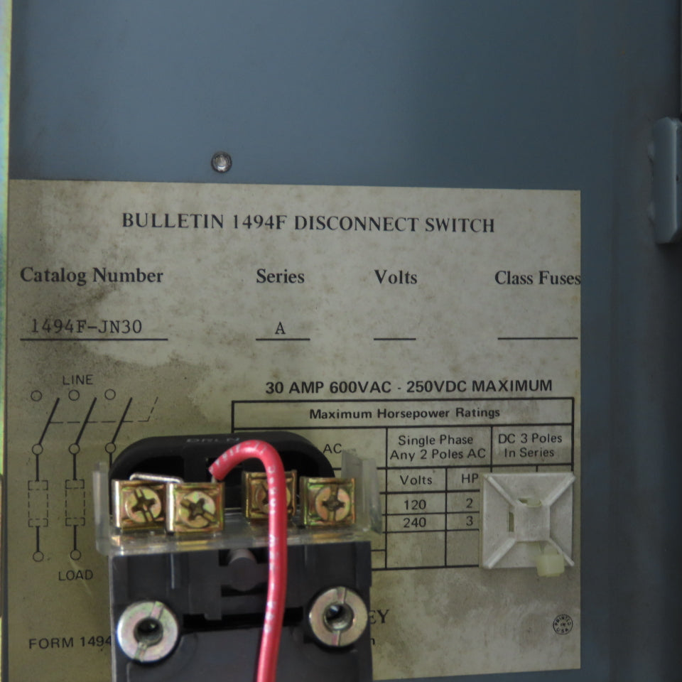 Allen Bradley 1494F-JN30 30A 600VAC Non-Fusible Safety Disconnect Switch 20HP