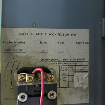 Allen Bradley 1494F-JN30 30A 600VAC Non-Fusible Safety Disconnect Switch 20HP