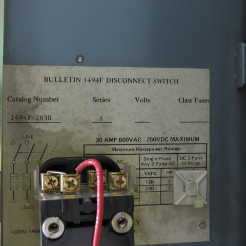 Allen Bradley 1494F-JN30 30A 600VAC Non-Fusible Safety Disconnect Switch 20HP