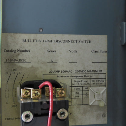 Allen Bradley 1494F-JN30 30A 600VAC Non-Fusible Safety Disconnect Switch 20HP
