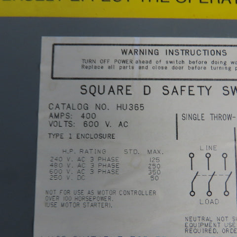 Square D HU365 Ser 2 400A 600V Heavy Duty Non Fusible Safety Switch Disconnect