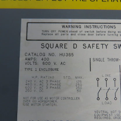Square D HU365 Ser 2 400A 600V Heavy Duty Non Fusible Safety Switch Disconnect